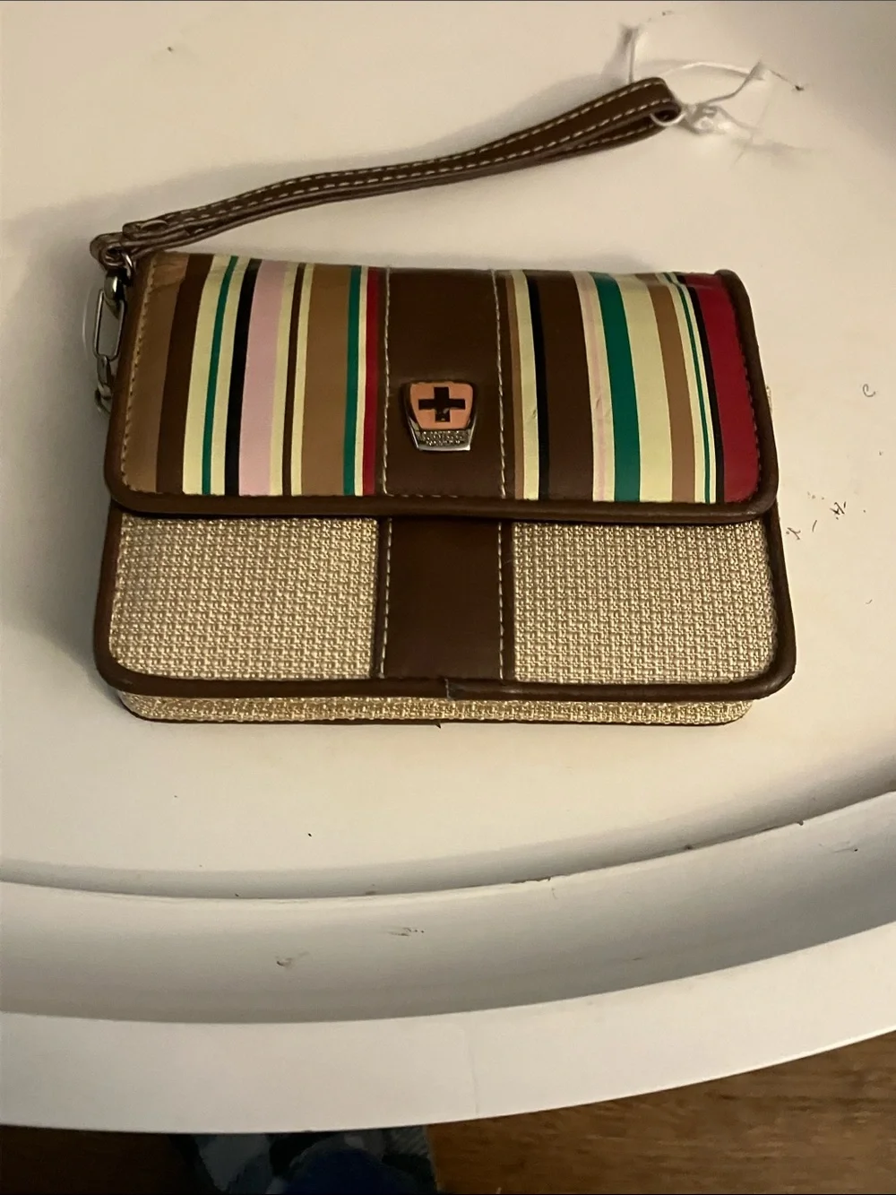 Striped Flap Wristlet Clutch in Brown and Multi-Color